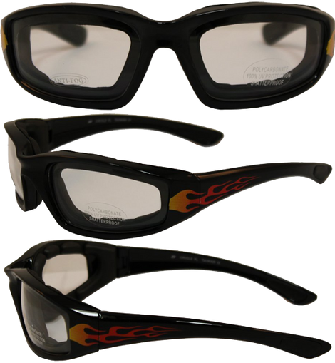Birdz Eyewear Oriole Padded Motorcycle Glasses with Flame Design